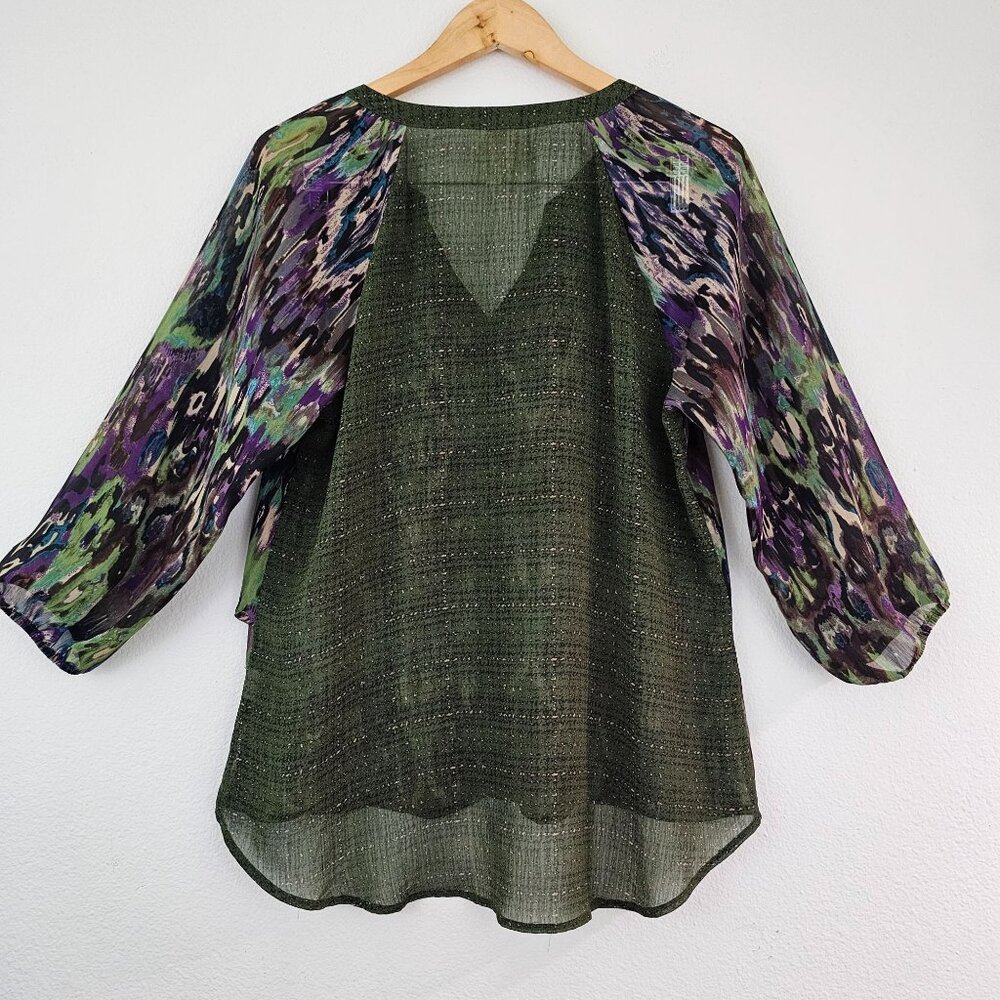 Fig & Flower Womens Sz M Green Purple Art Print Boho Blouse Hi Low Casual Top - Picture 11 of 15